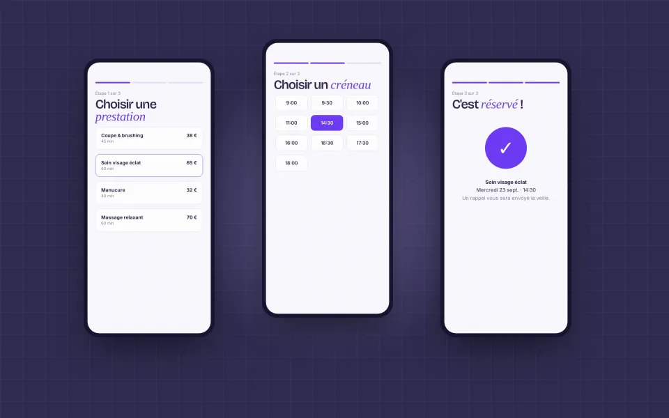 Parcours de réservation côté client, optimisé pour mobile
