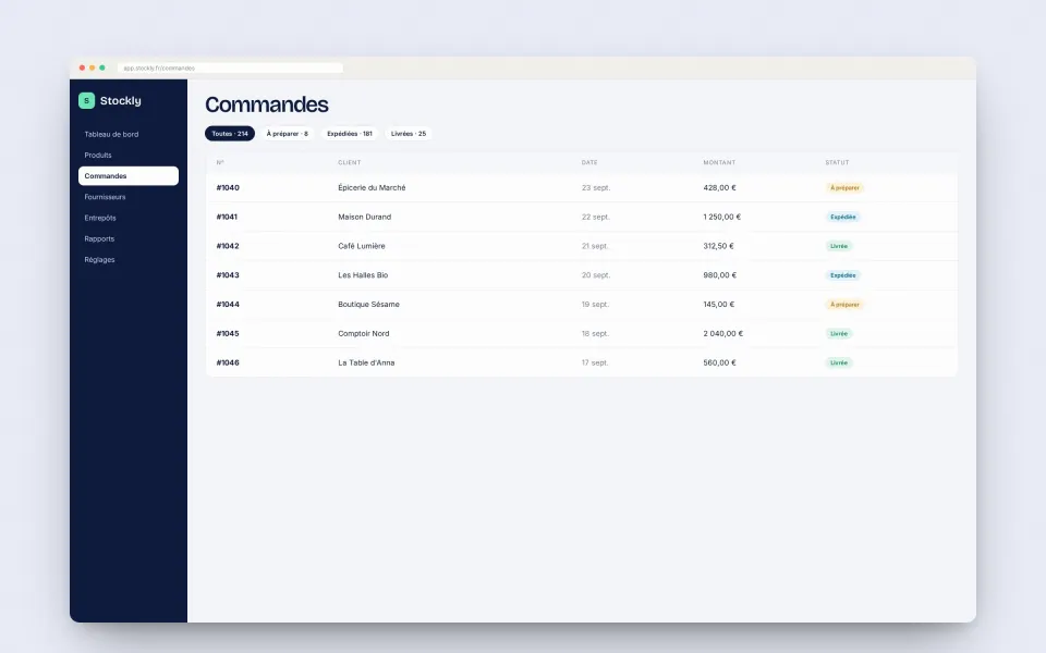 Suivi des commandes avec statuts et alertes